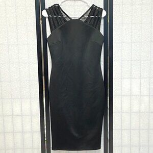 Enfocus Black Sheath Bodycon Dress 6 Sleeveless Sheer Stripe Shoulder Back Pleat